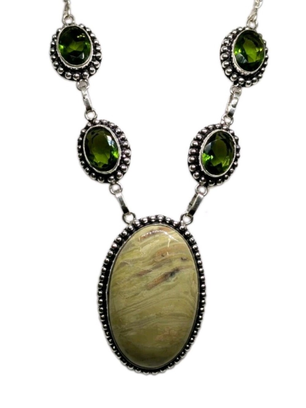 Artisan Handcrafted Serpentine with Peridot Gemstone Necklace Sterling Silver
